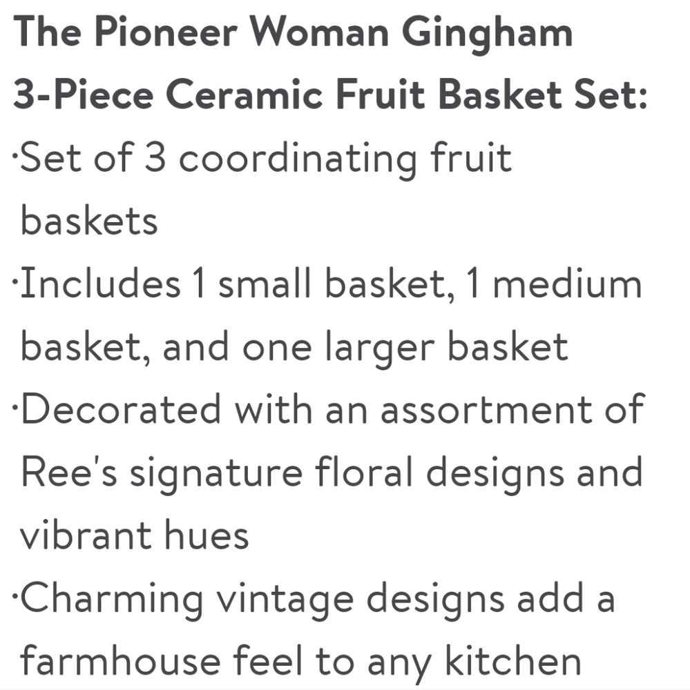 ❤️ New 2023 Pioneer Woman Gingham 3-Piece Ceramic Fruit Basket Set - Picture 4 of 6